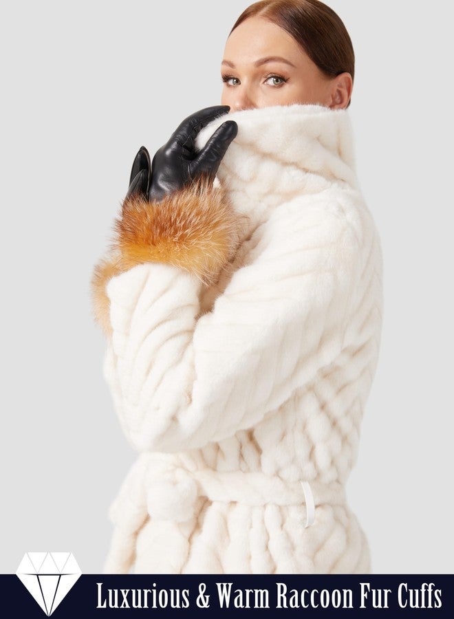 VIKIDEER Super Warm Fur Lined Leather Gloves Women Raccoon Fur Cuffs Luxurious Touchscreen Texting Driving Black Medium - Image 2